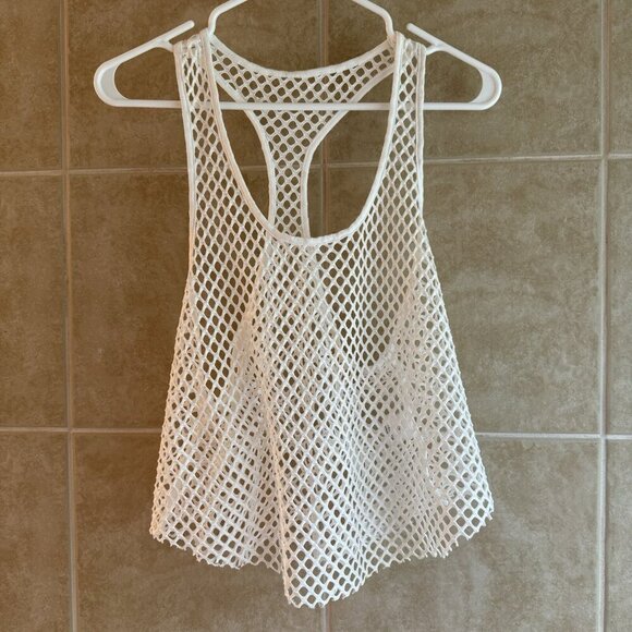 Mangopop Women’s Fisherman Tank Top Open Knit Racerback Stretchy White Sz Small - Picture 1 of 8